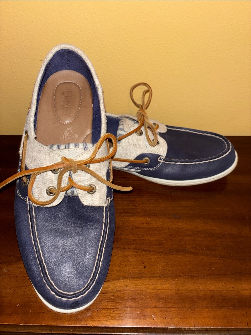 Sperry Navy White Boat Shoes with Tan Laces